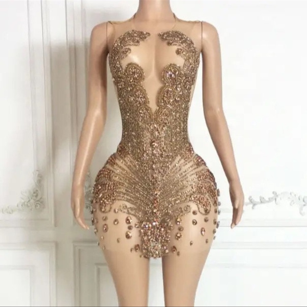 Gold Rhinestone Short Prom, Evening Dress Ball Gown, Applique Bodice Dress